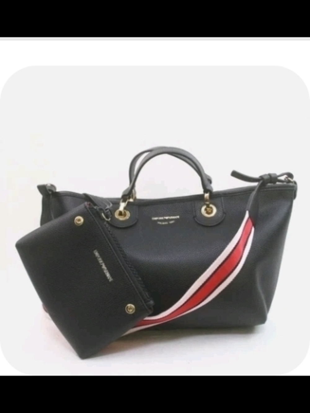 Emporio Armani Black Crossbody Tote with Red and White Strap